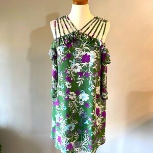 ENTRO women’s floral dress cold shoulder 1/2 sleeves multi straps neck ruffle S